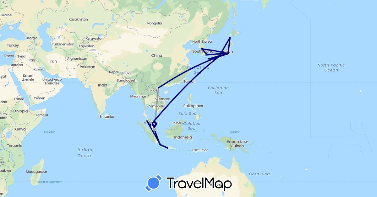 TravelMap itinerary: driving, plane in Indonesia, Japan, South Korea, Malaysia, Singapore, Vietnam (Asia)